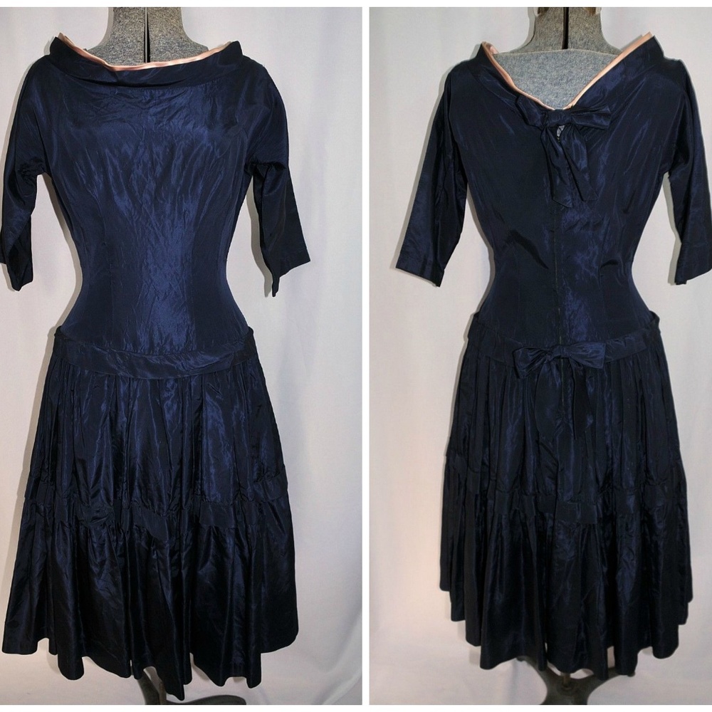 VTG 50's Navy Satin Dress Size SM Prom Cocktail